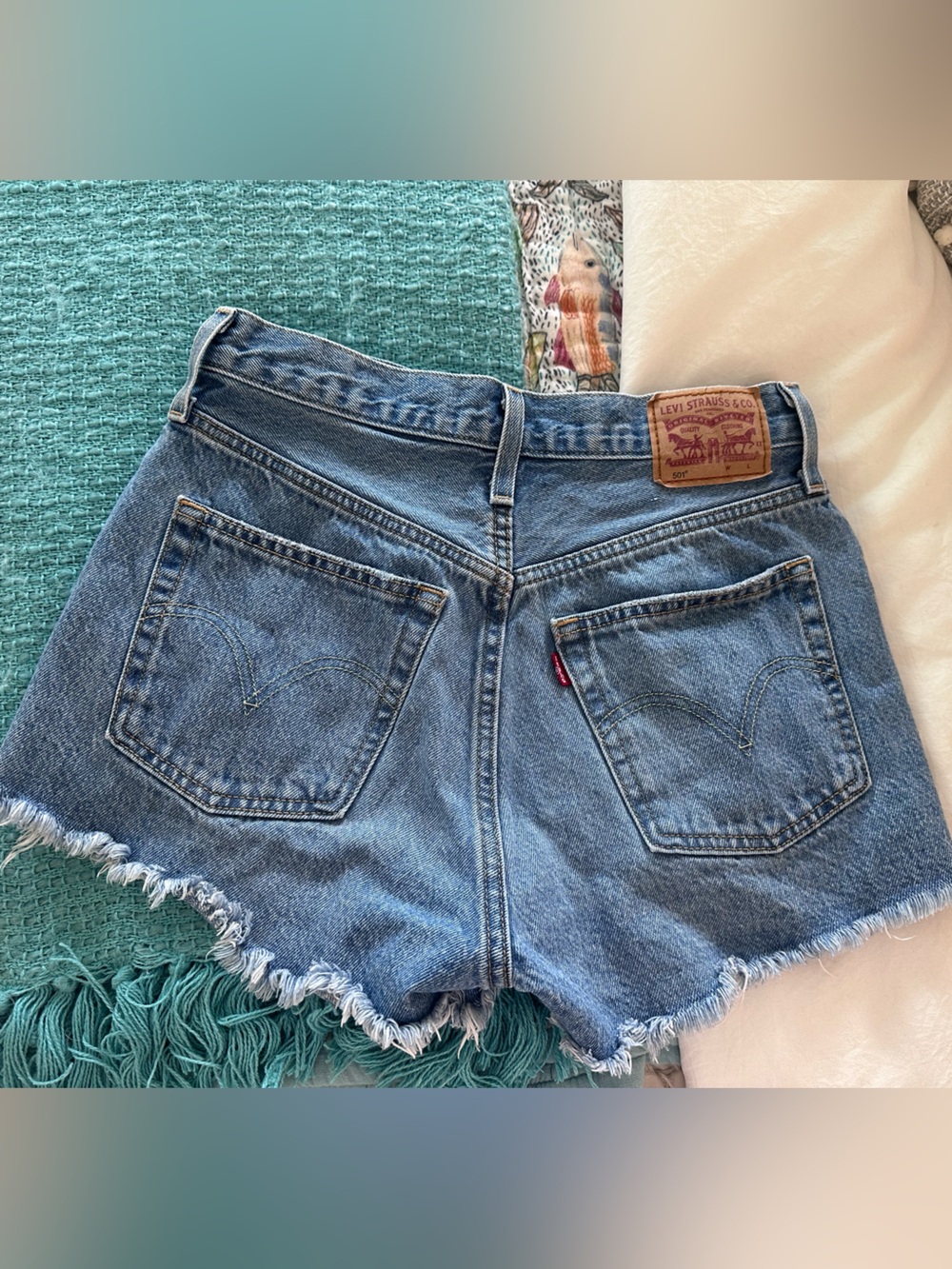 Levi's Distressed Light Blue High-Rise Jean Shorts - Picture 2 of 6